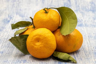 Mavi arka planda mandalina. Kapat.