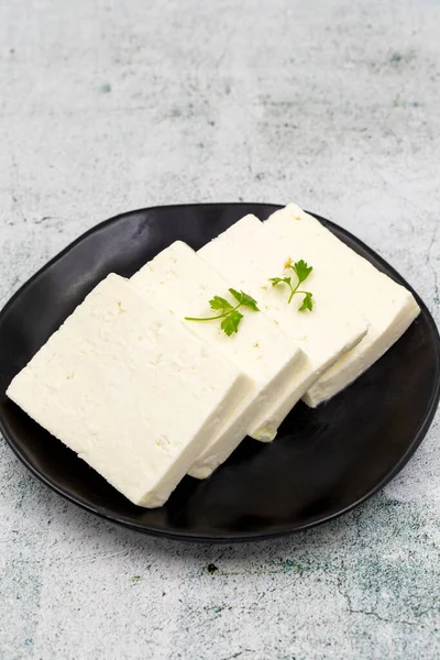 Sliced Feta Cheese Herbs Stone Background Close Breakfast Cheese — Stock Photo, Image