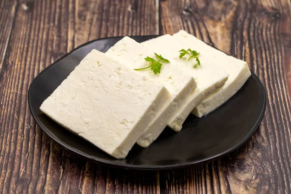 Sliced Feta Cheese Herbs Wooden Background Close Breakfast Cheese — Stock Photo, Image