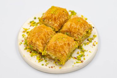 Fıstıklı baklava. Yakın plan. Geleneksel Orta Doğu lezzetleri. Geleneksel Türk baklavası. yerel adı fistikli baklava