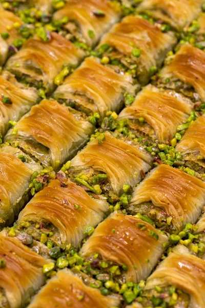 Fıstıklı Baklava Tatlısı Akdeniz Mutfağı Lezzetlidir Yakın Plan Baklava Yerel — Stok fotoğraf