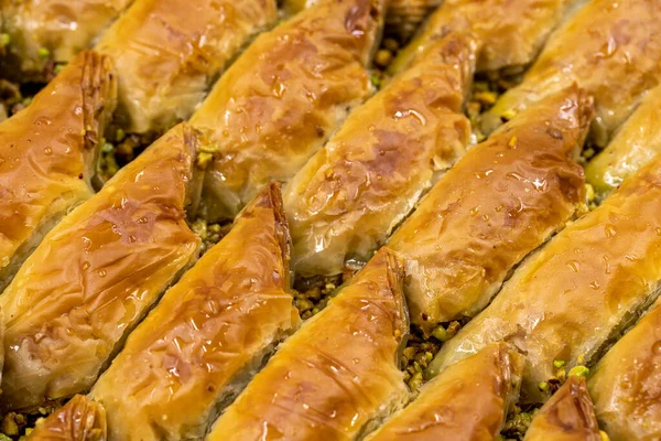 Dessert Pistache Sobiyet Baklava Délices Cuisine Méditerranéenne Gros Plan Baklava — Photo