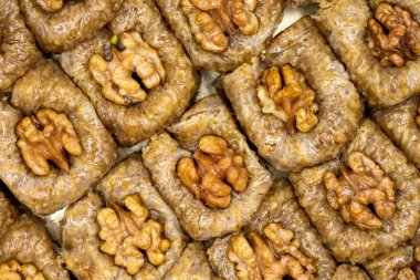 Walnut baklava. Close-up of baklava in a tray. local name cevizli bulbul yuvasi baklava