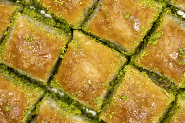 Pistachio Baklava Close Baklava Uma Bandeja Nome Local Fistikli Baklava — Fotografia de Stock