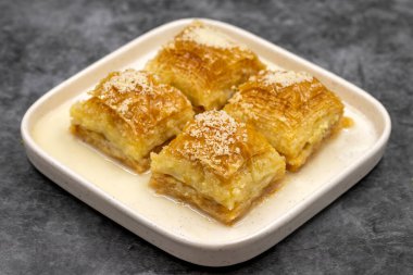 Süt baklavası. Karanlık arka planda fındıklı baklava. Akdeniz mutfağı lezzetlidir. Yakın plan. yerel adı sutlu nuriye baklava