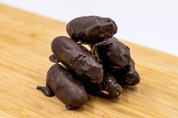 Special Chocolate Dark Coconut Dark Chocolate Coconut Filling Wooden Background — Photo