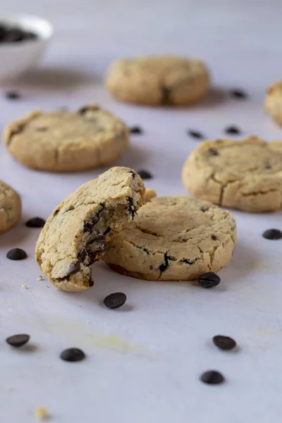 Chocolate chip cookies on wooden table. Chocolate chip cookies