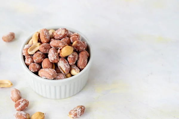 Salted Peanuts Bowl White Wooden Background — Stock Photo, Image