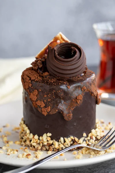 Chocolate cake. pastry product. Cake on dark background. Close-up