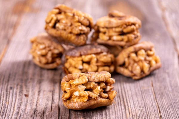 Stuffed Dried Figs Dried Figs Stuffed Walnuts Wood Floor Close — Stock Photo, Image