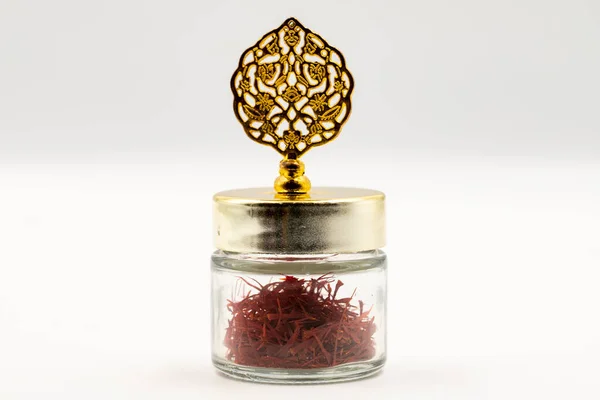 Packaged Iranian Saffron Glass Bottle White Background Close — Stock Photo, Image