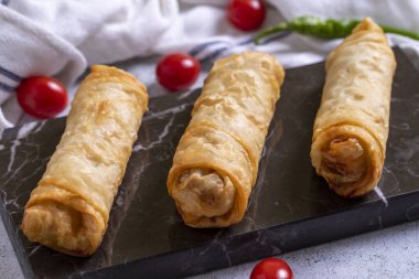 Pacanga pastası. Pastirma (pastırma) ve çedar peynirli Türk Pacanga Boregi. Geleneksel Türk mutfağı lezzetleri. Kapat.