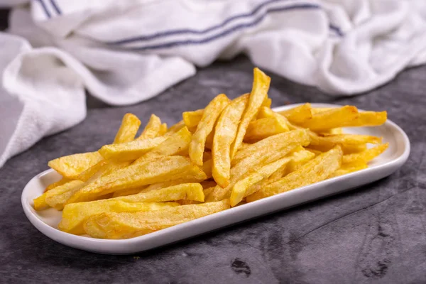 Fried Potatoes French Fries Dark Background French Fries Served Plate — Stockfoto