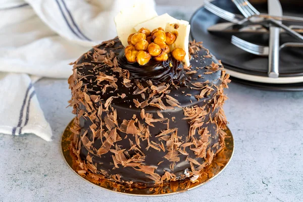 Celebration Cake Birthday Cake Crocus Stone Background Chocolate Covered Cake — Stockfoto