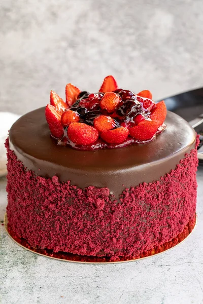 Fruitcake Chocolate Strawberry Cake Stone Background Celebration Birthday Cake Close — ストック写真