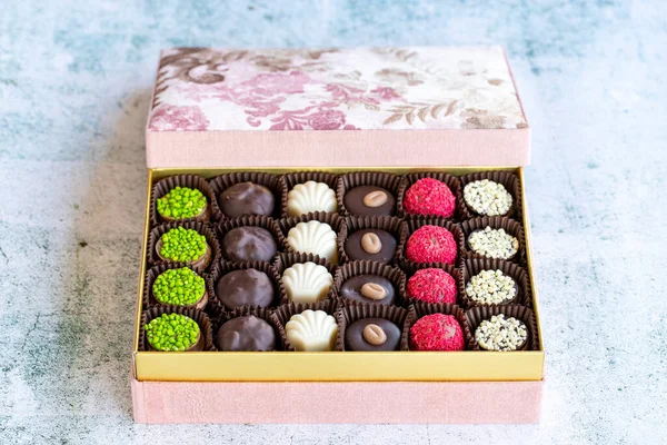 Special Chocolate Packed Chocolate Stone Background Truffle Chocolate Varieties Close — Foto de Stock