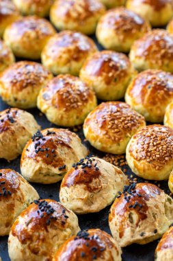 Susamlı kurabiye. Koyu arkaplanda taze tuzlu kurabiye. Fırın ürünleri. Dikey görünüm. Yakın plan..