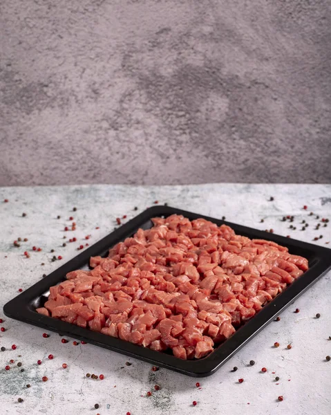 Cubed Meat Chopped Red Meat Stone Background Butcher Products — ストック写真