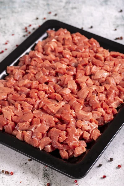 Cubed Meat Chopped Red Meat Stone Background Butcher Products — Stock Photo, Image