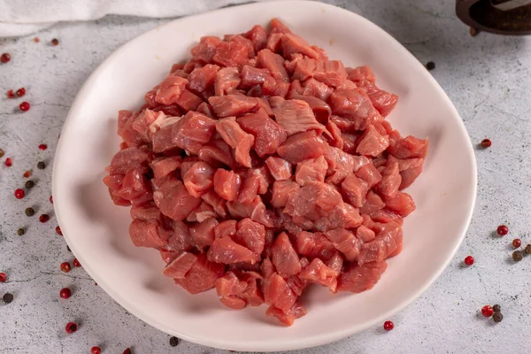 Cubed Meat Red Meat Chopped Plate Stone Floor Butcher Products — Photo