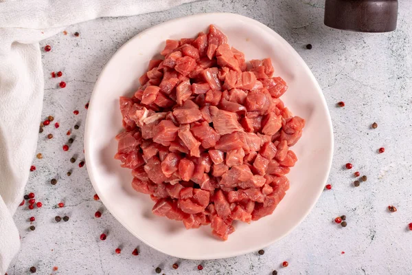 Cubed Meat Red Meat Chopped Plate Stone Floor Butcher Products — ストック写真