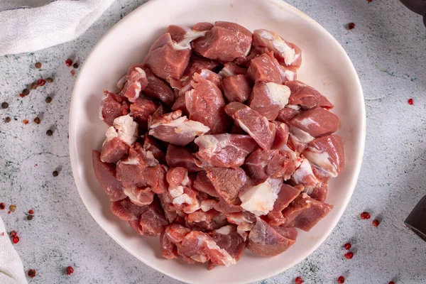 Lamb Cubed Meat Chopped Red Meat Plate Stone Floor Butcher —  Fotos de Stock