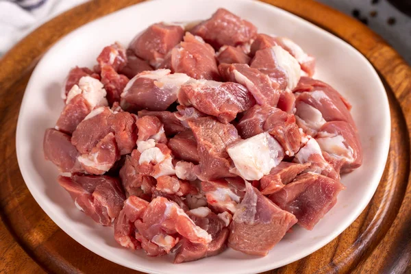 Lamb Cubed Meat Chopped Red Meat Plate Stone Floor Butcher —  Fotos de Stock
