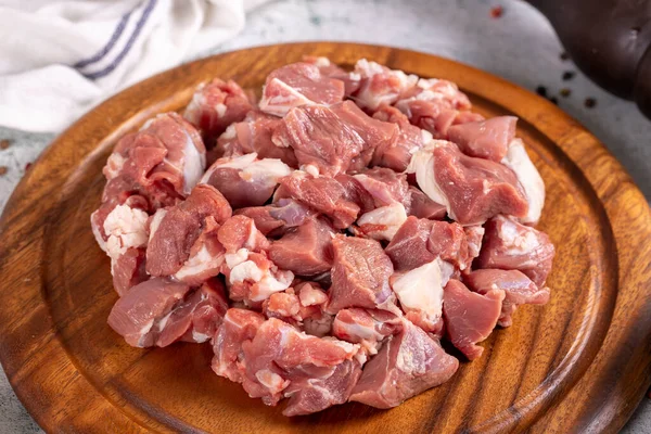 Lamb Cubed Meat Chopped Red Meat Wooden Serving Dish Stone —  Fotos de Stock