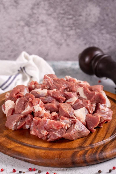 Lamb Cubed Meat Chopped Red Meat Wooden Serving Dish Stone —  Fotos de Stock