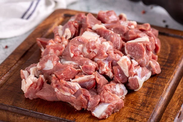 Lamb Cubed Meat Chopped Red Meat Wooden Serving Dish Stone —  Fotos de Stock