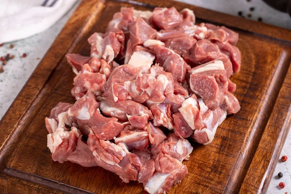 Lamb Cubed Meat Chopped Red Meat Wooden Serving Dish Stone —  Fotos de Stock