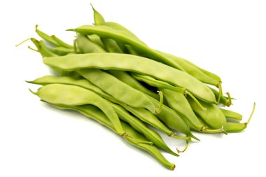 Ripe green beans. Fresh and raw green beans isolated on white background. Organic food. close up