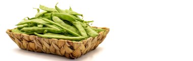 Ripe green beans. Fresh and raw green beans in basket isolated on white background. Organic food. Copy space. close up