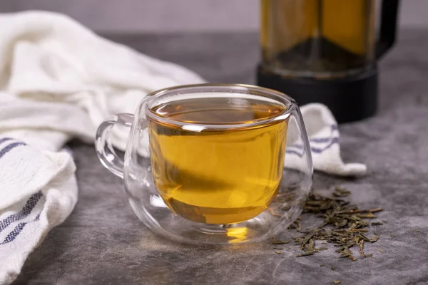 Green Tea Green Tea Brewed French Press Dark Background Healthy — Stockfoto