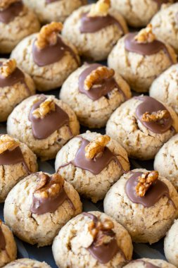 Walnut cookies. Freshly baked chocolate walnut cookies in a tray. close up
