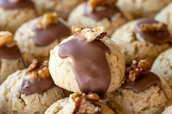 Walnut Cookies Freshly Baked Chocolate Walnut Cookies Tray Close — Fotografia de Stock