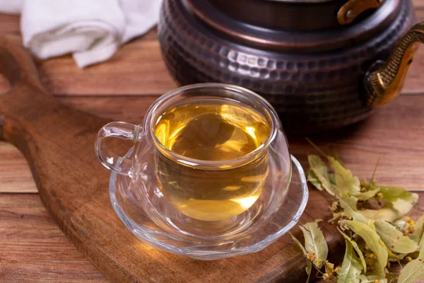 Linden Tea Linden Tea Wood Floor Herbal Tea Concept Healthy — Stock fotografie