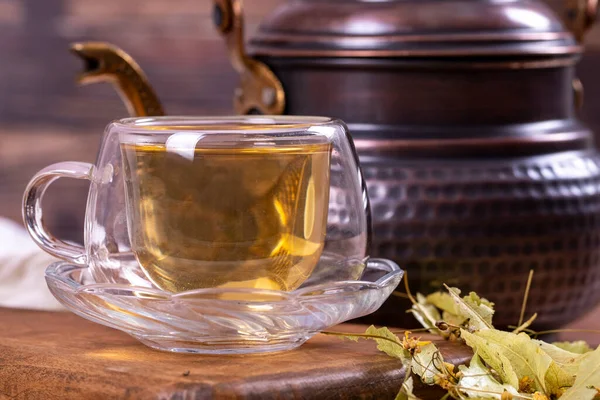 Linden Tea Linden Tea Wood Floor Herbal Tea Concept Healthy — Stockfoto
