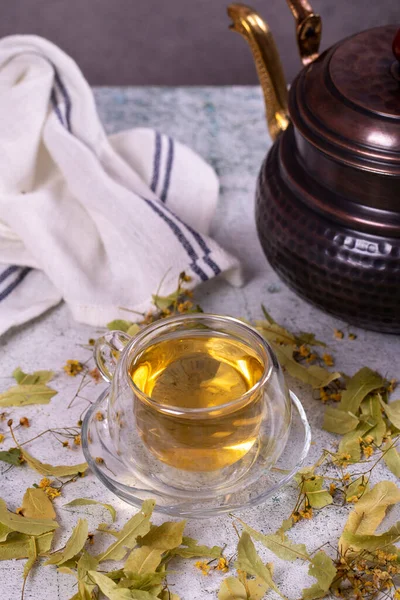 Linden Tea Linden Tea Stone Background Herbal Tea Concept Healthy — Photo