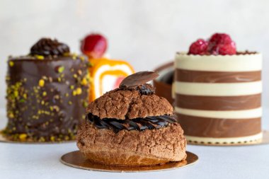 Types of cakes. Small sweet cakes on a white background. Bakery products. close up