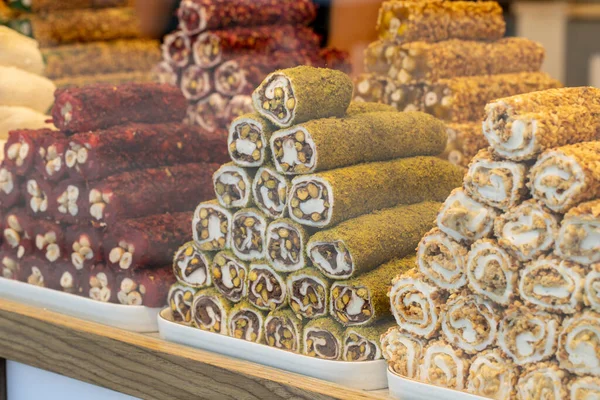 Turkish delight varieties. Turkish delights displayed on the counter. Traditional Turkish cuisine delicacies