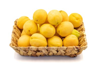 Ripe apricot isolated on white background. Fresh and juicy apricots in the basket. Organic food. close up