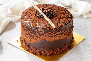 Chocolate chip cake on gray background. Chocolate covered cake with chocolate and cream inside. close up