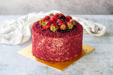 Fruit celebration cake. Birthday cake on gray background. close up