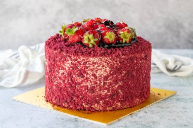 Fruit celebration cake. Birthday cake on gray background. close up