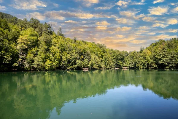 Lake hidden in the forest. Turkey Bolu Yedigoller. Lake view in cloudy weather
