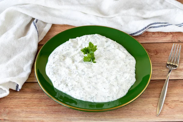 Dry Tzatziki Wood Floor Snack Prepared Yogurt Mint Traditional Mediterranean — Stock Photo, Image