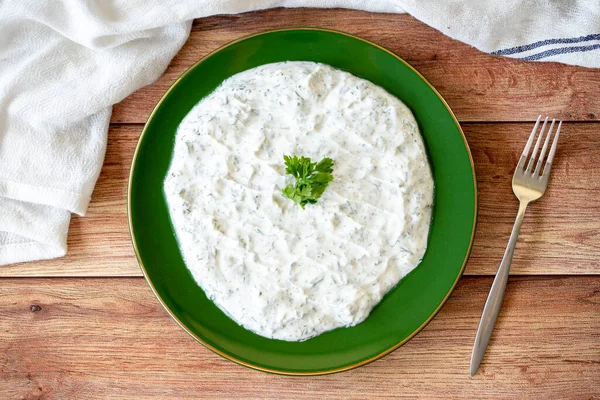 Dry Tzatziki Wood Floor Snack Prepared Yogurt Mint Traditional Mediterranean — Stock Fotó