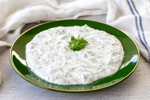 Dry Tzatziki Stone Background Snack Prepared Yogurt Mint Traditional Mediterranean — Stock Fotó