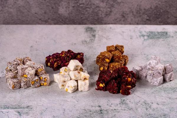 Turkish Delight Traditional Turkish Delicacies Turkish Delight Varieties Gray Background — Stock fotografie